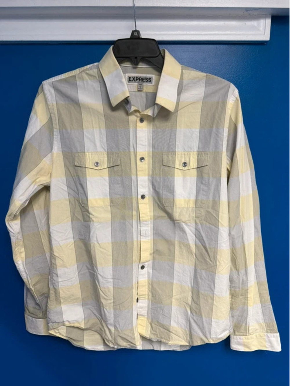 Express Mens Fitted Plaid Button Down Shirt Large Gray Yellow Roll Tab Sleeve